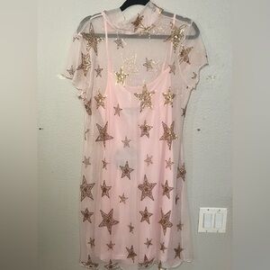 Sheer Baby Pink Dress with Gold Rhinestones - Size XL- Dolls Kill Horoscope Line
